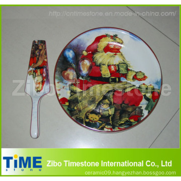 Ceramic Cake Plate with Server of Christmas Design (32016)